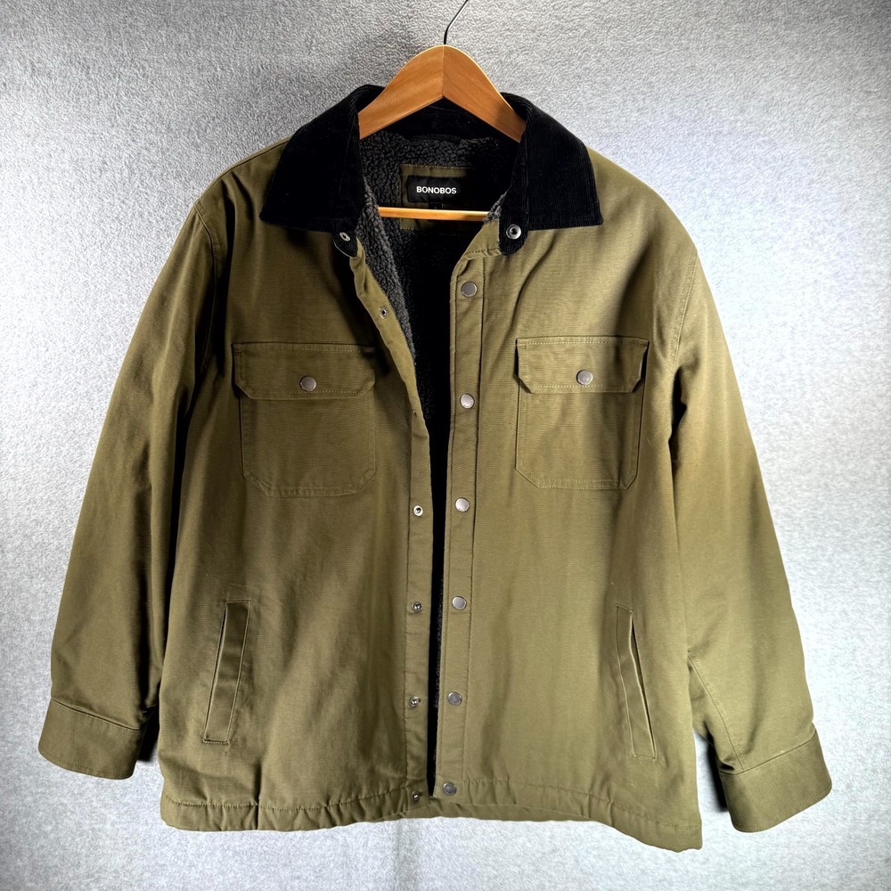 Bonobos Work Jacket Men's Large Olive Sherpa Fleece Lined‎ Button Up Shacket
